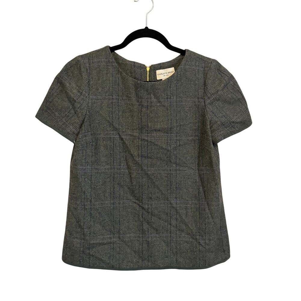 Charlotte Brody Wool Plaid Top S Green Gray Luxury Career Office Work Tweed USA